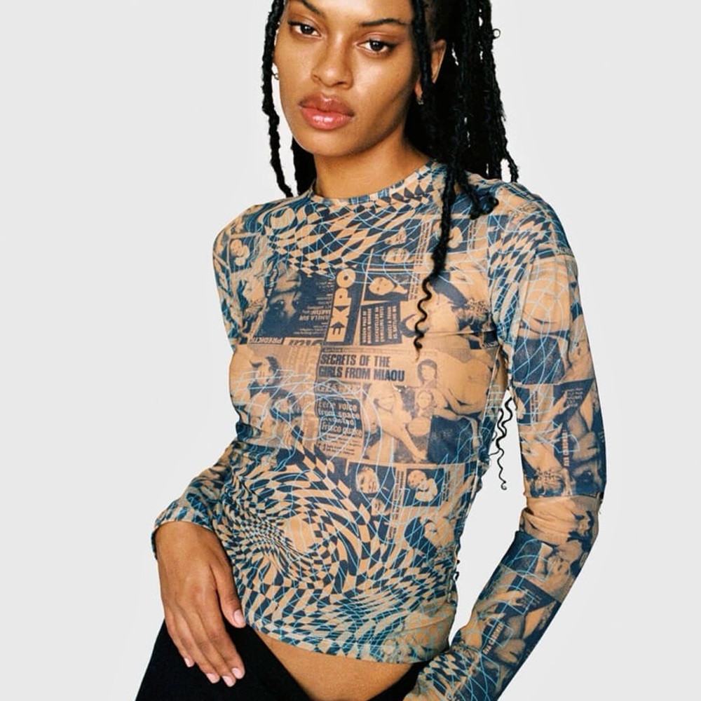 NWT Miaou Long Sleeve Tee Shirt in Mesh Wanted Print - Picture 8 of 16